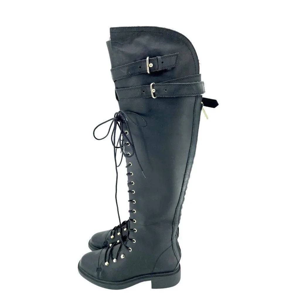 Joie Gryffin Over the Knee Boots Lace Up Buckle Black Leather  EU 36 New